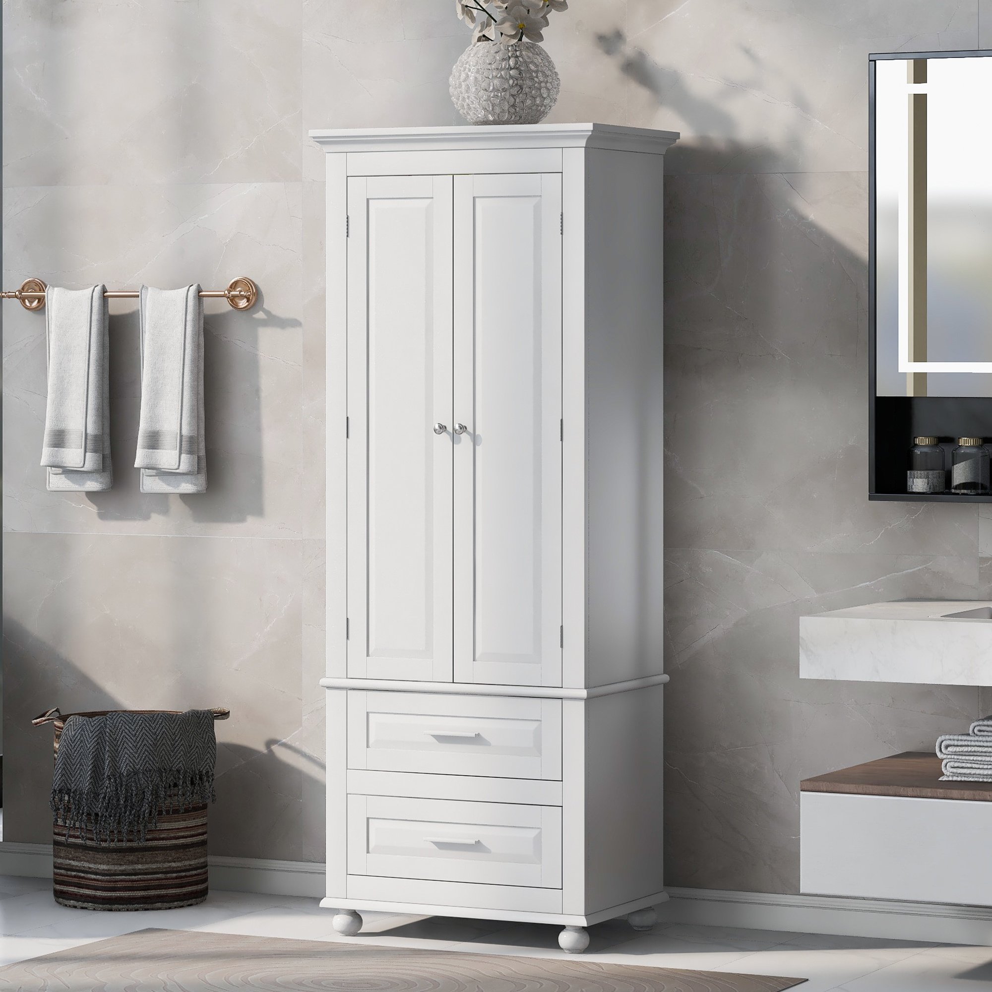 Tall Storage Cabinet with Two Drawers for Bathroom/Office; White Tall Storage Cabinet with Two Drawers for Bathroom/Office; White