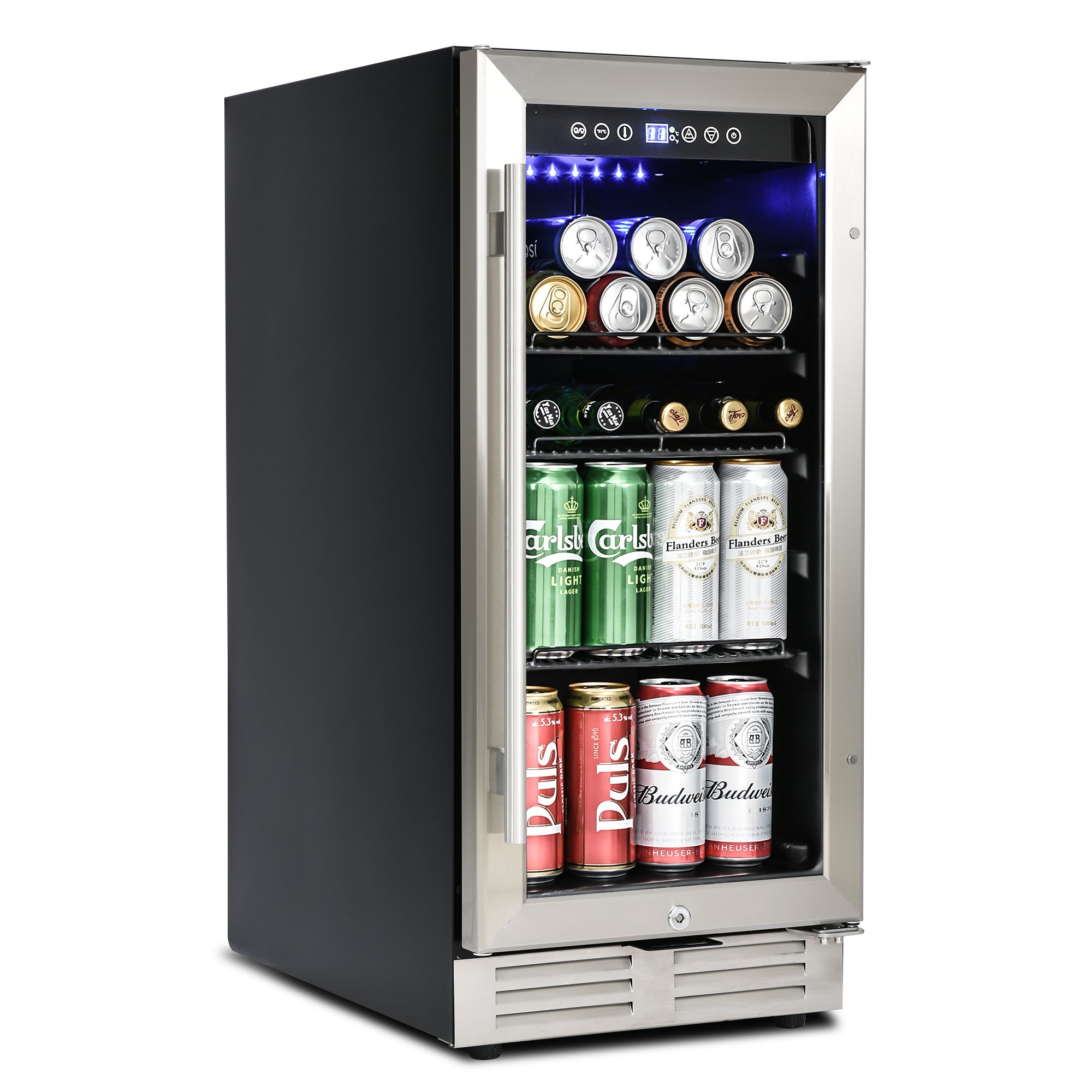 Built-in and Freestanding 15" Mini Beverage Refrigerator/Wine Cabinet, 120 Cans, 34-65°F, Quiet, Adjustable Shelves, LED Lighting, ETL , Touch Contro Built-in and Freestanding 15" Mini Beverage Refrigerator/Wine Cabinet, 120 Cans, 34-65°F, Quiet, Adjustable Shelves, LED Lighting, ETL , Touch Contro