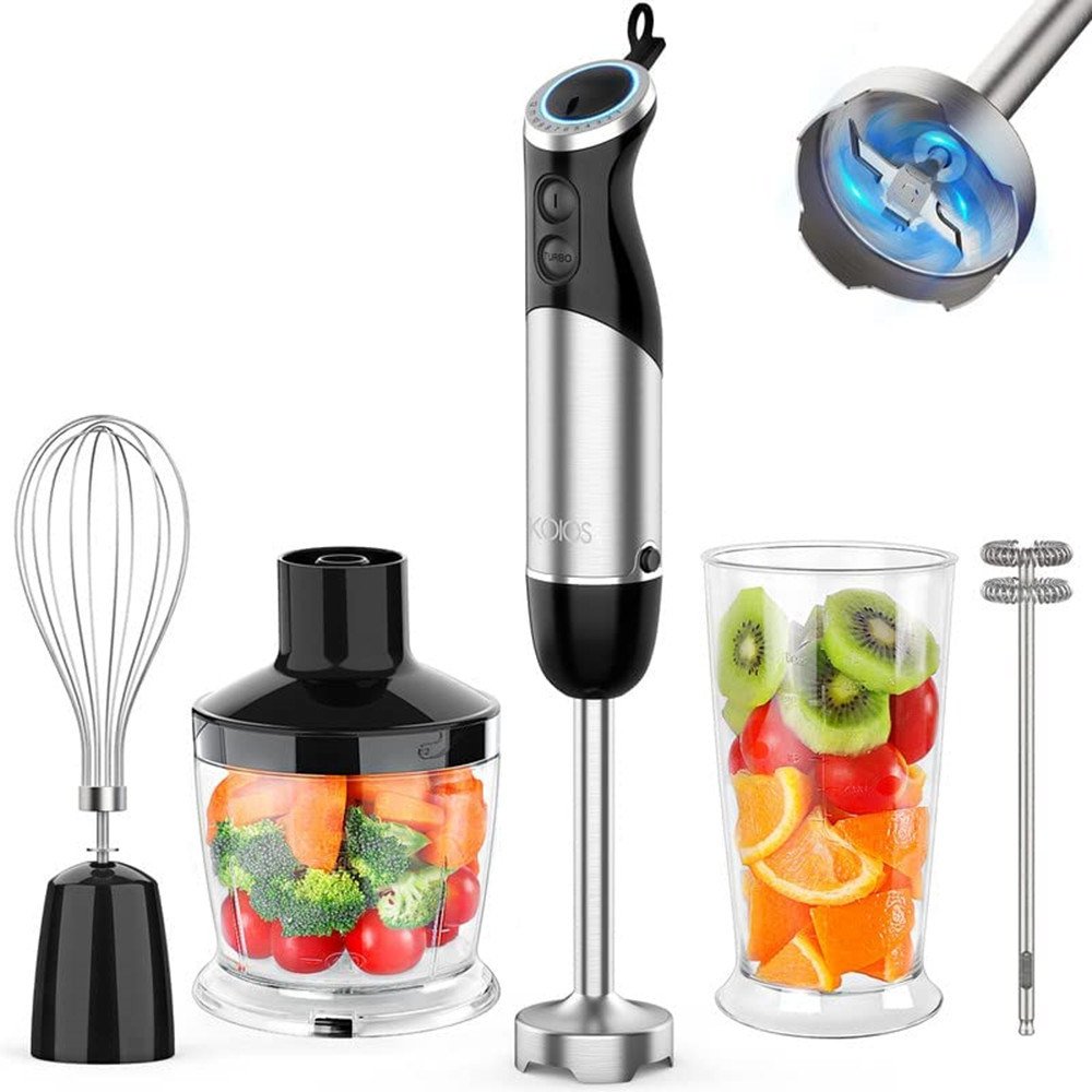 KOIOS Immersion Blender Handheld, 1000W 12-Speed 5 in 1 Hand Mixer Stick Blender with 304 Stainless Steel Blade, Food Processor, Beaker, Egg Whisk and KOIOS Immersion Blender Handheld, 1000W 12-Speed 5 in 1 Hand Mixer Stick Blender with 304 Stainless Steel Blade, Food Processor, Beaker, Egg Whisk and