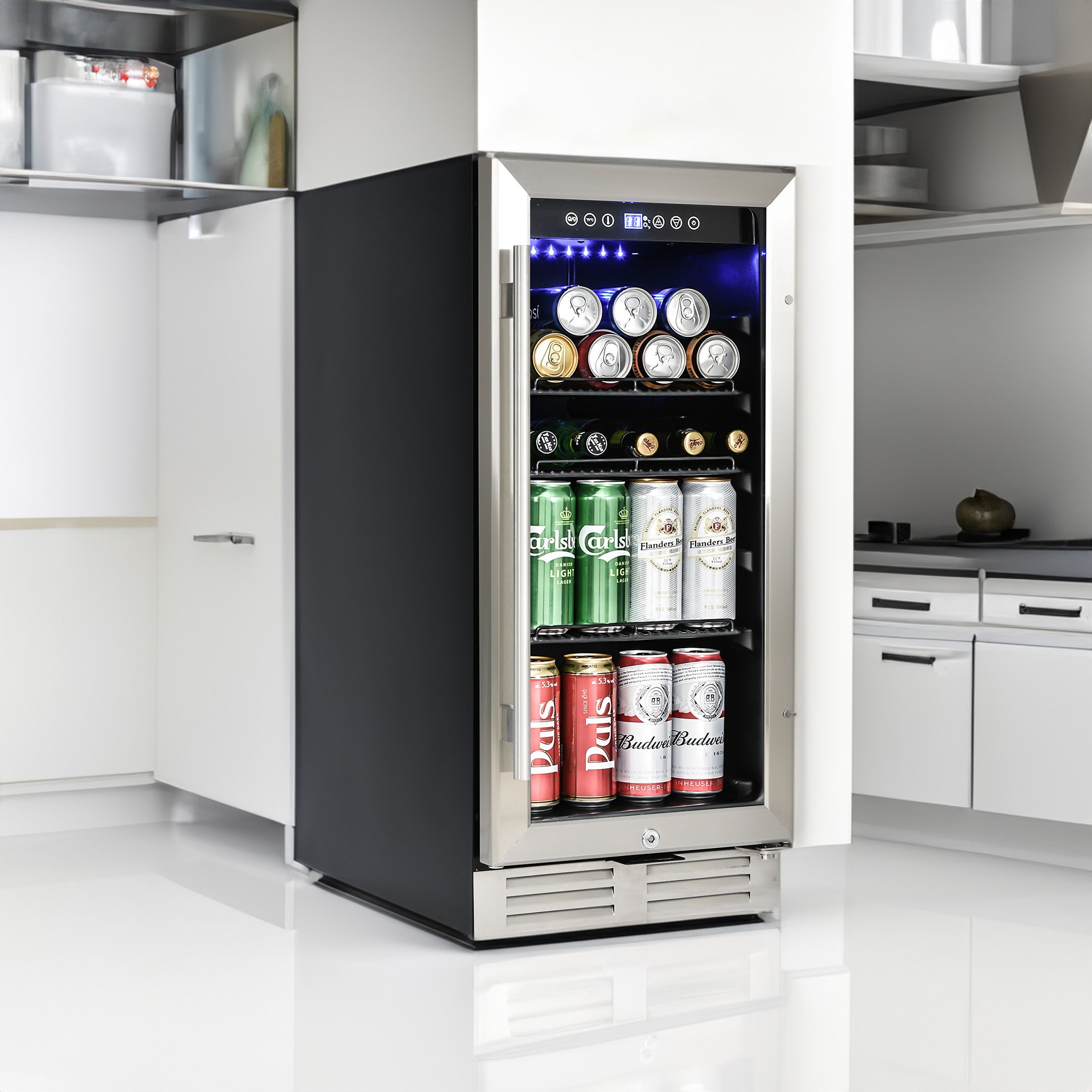 Premium 15-inch Mini Beverage Refrigerator / Wine Cooler - Built-in & Freestanding, 120 Cans, Adjustable Shelves, LED Lighting, Quiet, ETL Certified Premium 15-inch Mini Beverage Refrigerator / Wine Cooler - Built-in & Freestanding, 120 Cans, Adjustable Shelves, LED Lighting, Quiet, ETL Certified