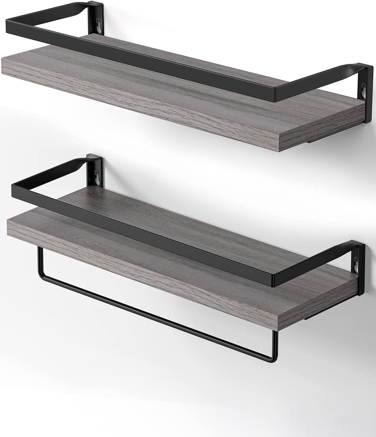 Floating bathroom shelf with towel rail; bathroom/living/kitchen/bedroom wall shelf set of 2; light brown; dark brown; black. Floating bathroom shelf with towel rail; bathroom/living/kitchen/bedroom wall shelf set of 2; light brown; dark brown; black.