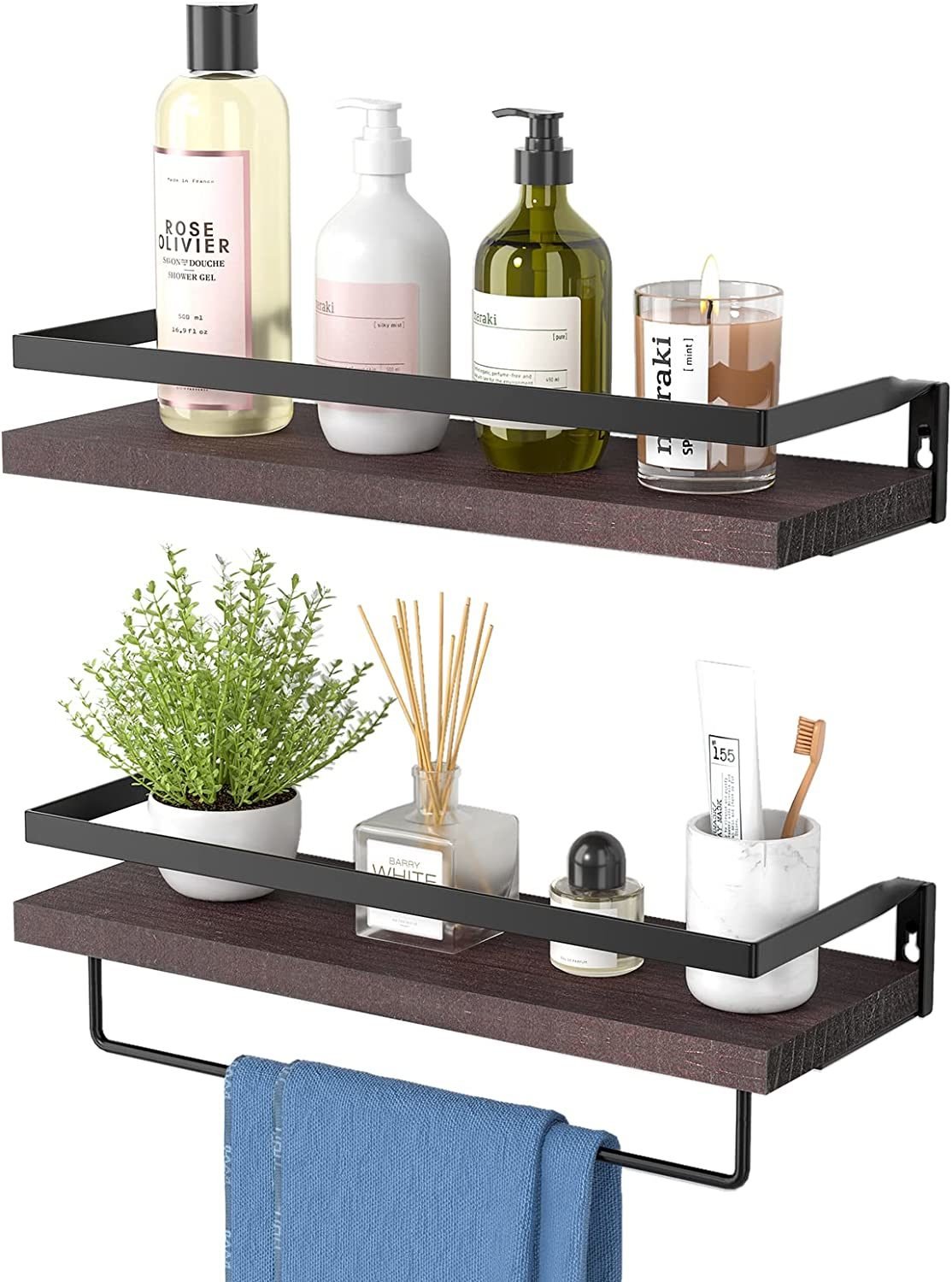 Floating bathroom shelf with towel rail; bathroom/living/kitchen/bedroom wall shelf set of 2; light brown; dark brown; black. Floating bathroom shelf with towel rail; bathroom/living/kitchen/bedroom wall shelf set of 2; light brown; dark brown; black.